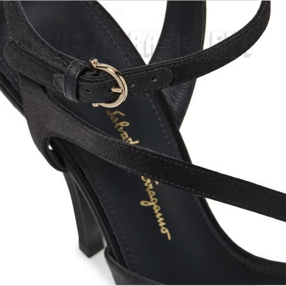 SALVATORE FERRAGAMO Black leather & satin 7.5 OLGA Slingback Heel Sandals NIB - Picture 7 of 8